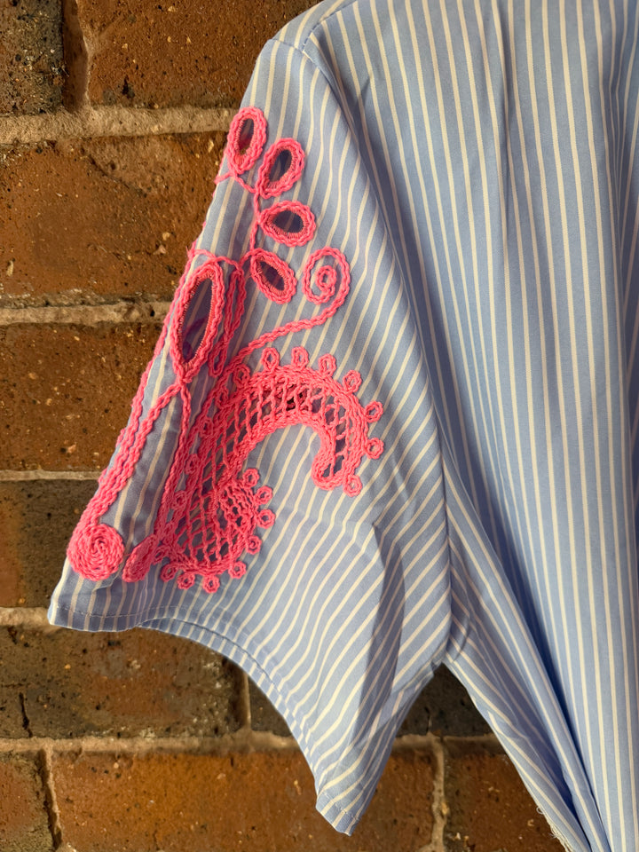 Blue & Pink Striped Emb Dress