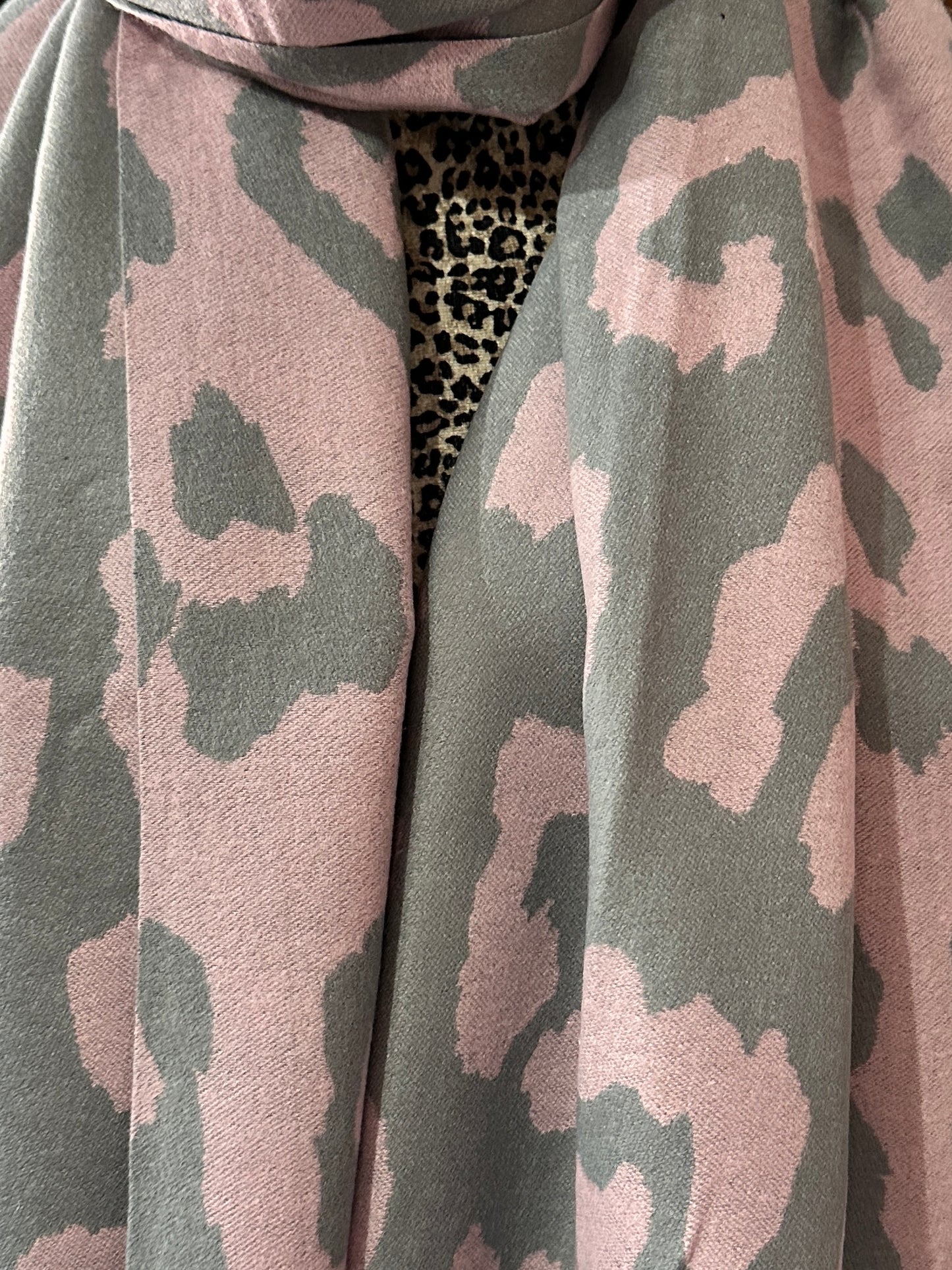 Cashmere Blend Grey & Pink Leopard Scarf