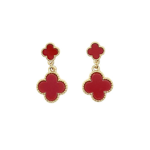 Two Clover Drop Earrings, Gold/Red
