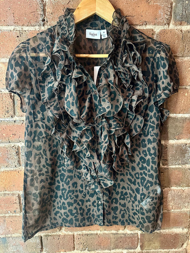 Saint Tropez Sheer Ruffle Leopard Print Blouse