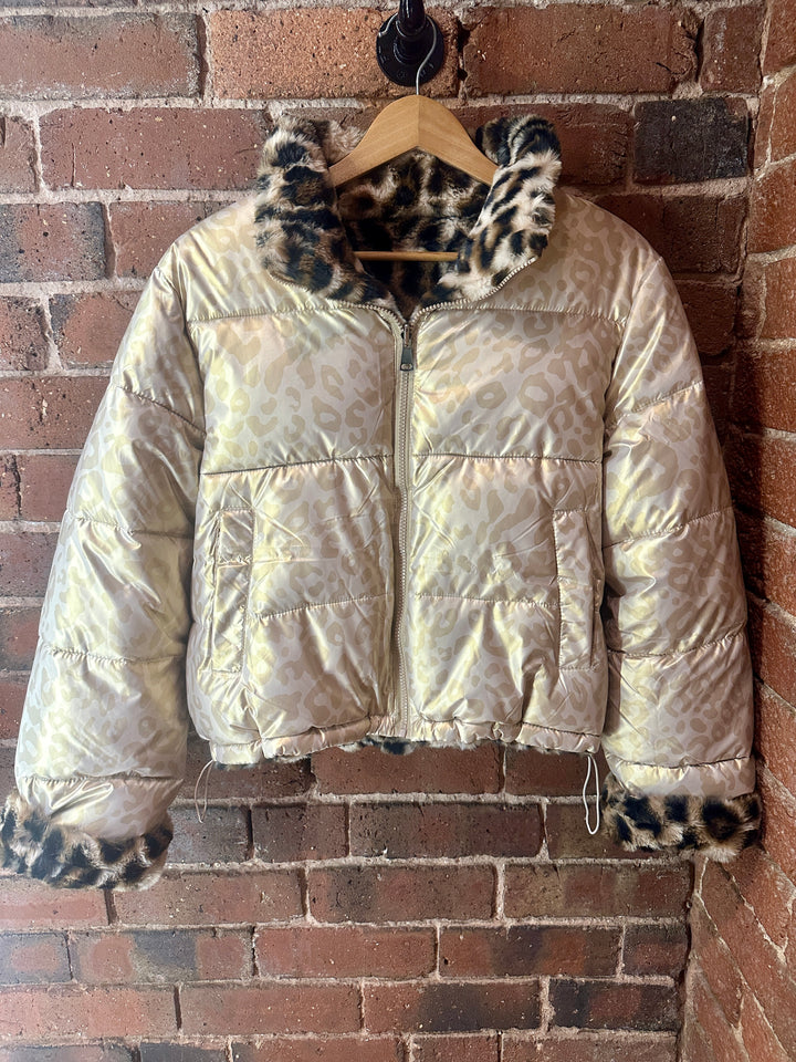Reversible Leopard Print Puffer, Gold