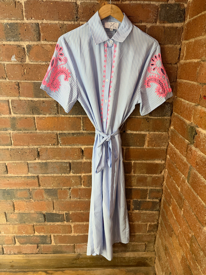 Blue & Pink Striped Emb Dress