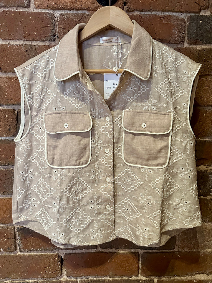 Natural Embroidered Sleeveless Shirt