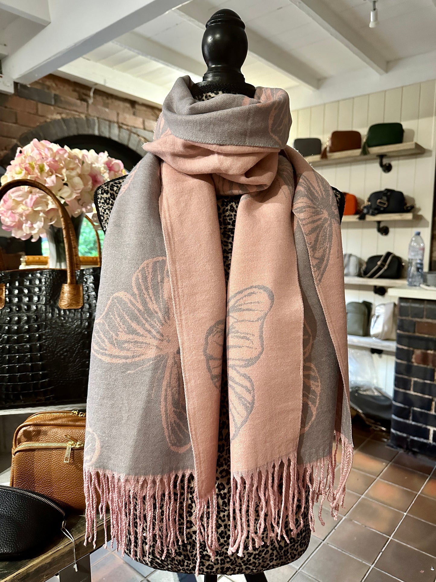 Grey & Pink Butterfly Scarf