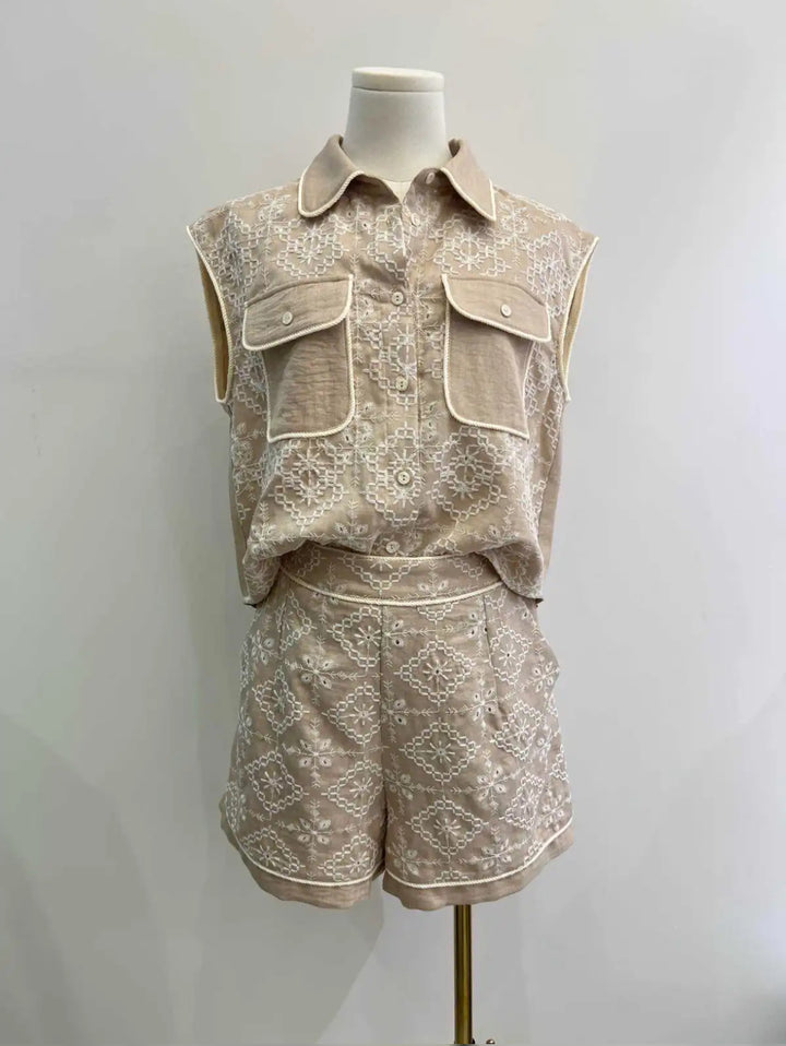 Natural Embroidered Sleeveless Shirt