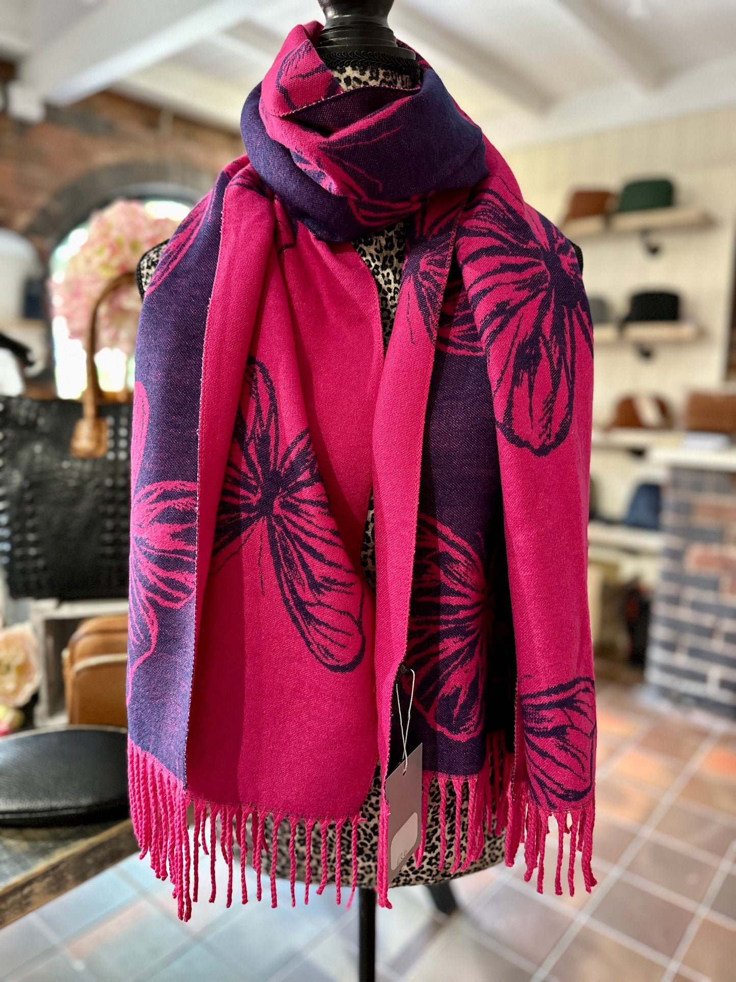 Bright Pink & Navy Butterfly Scarf