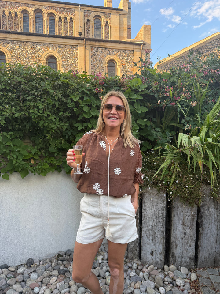 Brown Embroidered Floral Top