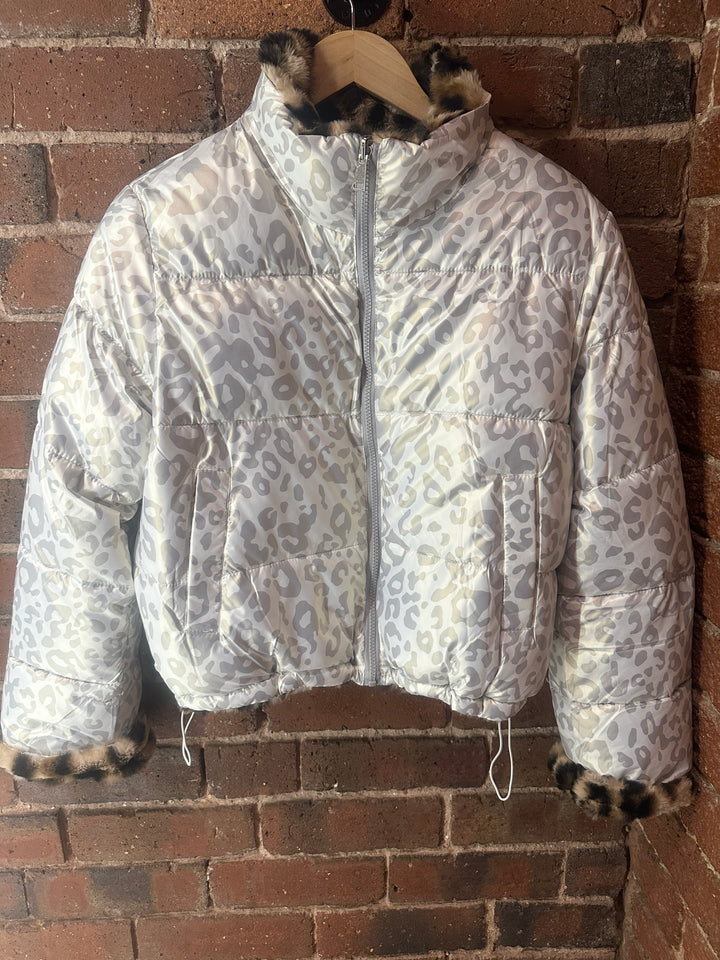 Reversible Leopard Print Puffer, Silver