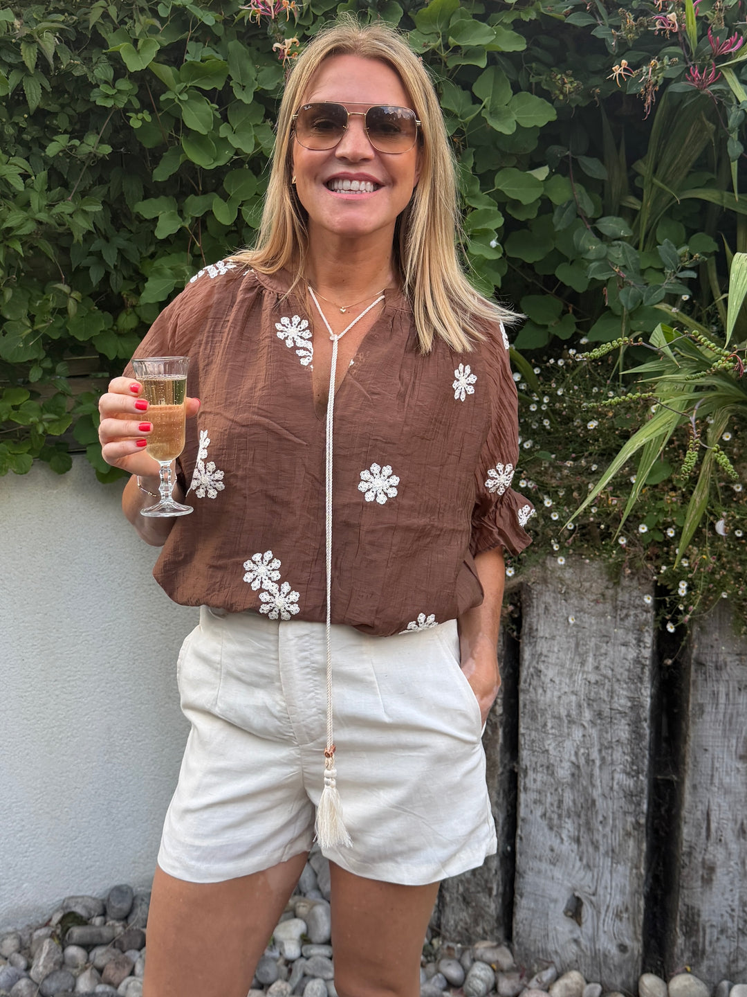 Brown Embroidered Floral Top