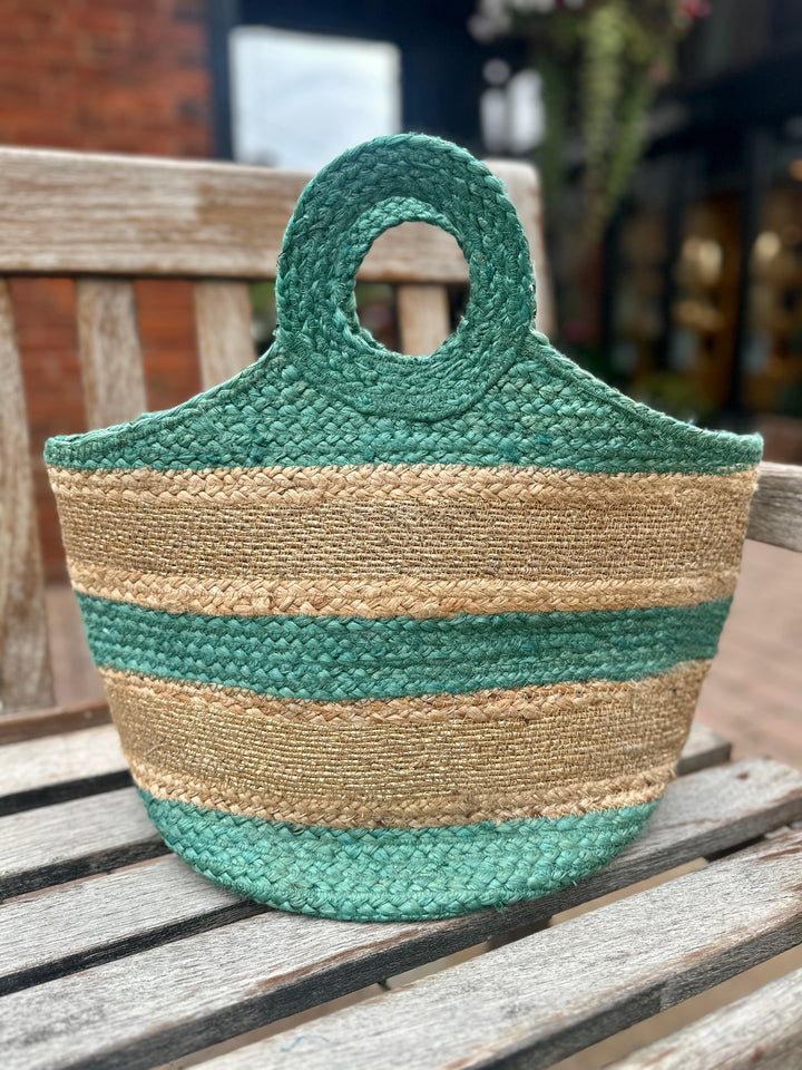 POM Turq & Gold Basket Beach Bag