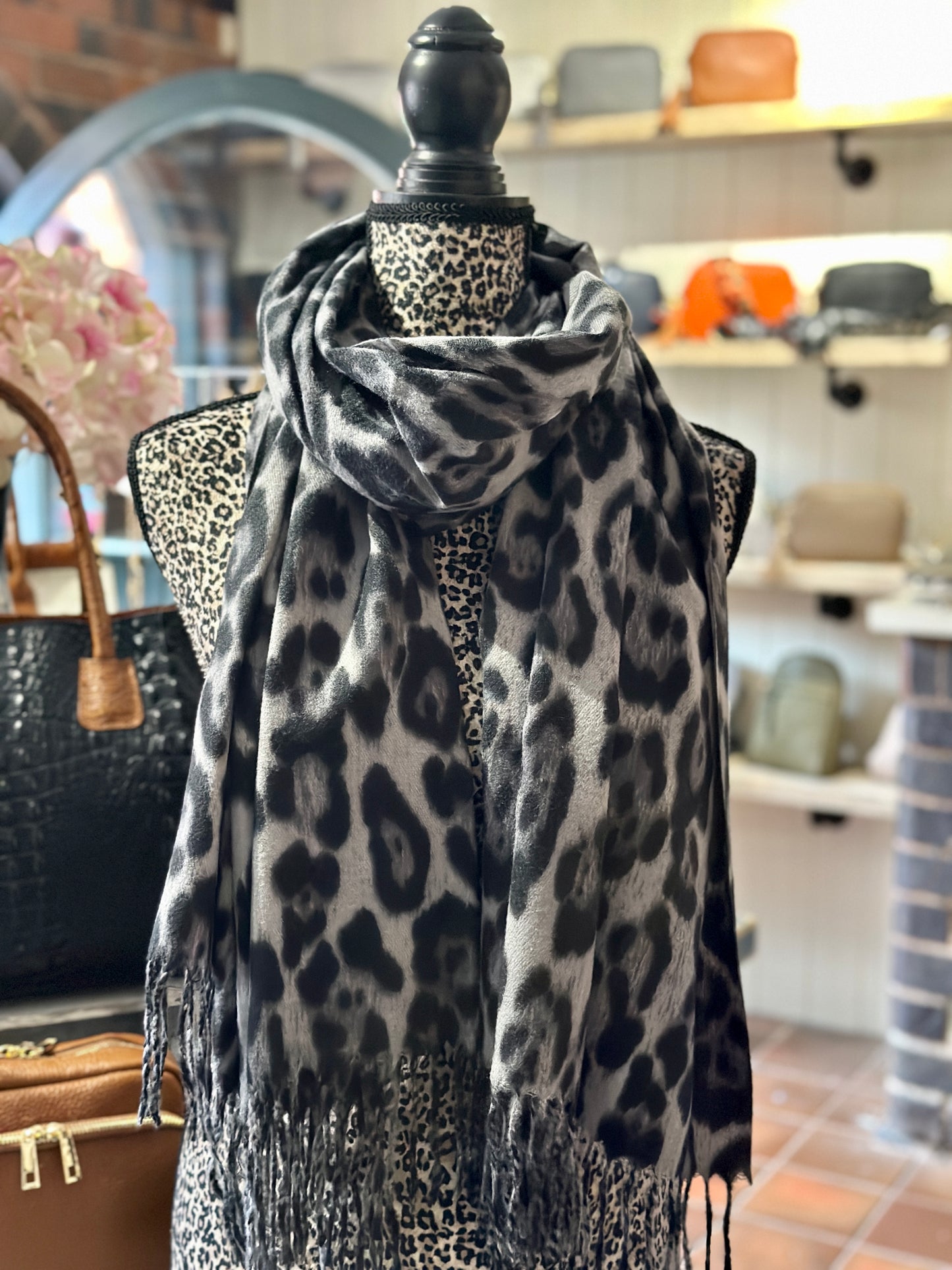 Wool Blend Black & Grey Leopard Scarf
