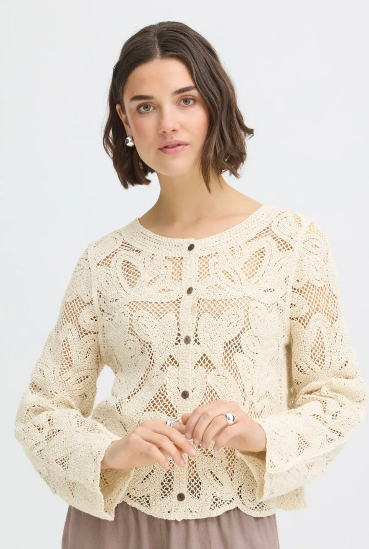 Fransa Prim Crochet Cardigan, Oatmeal
