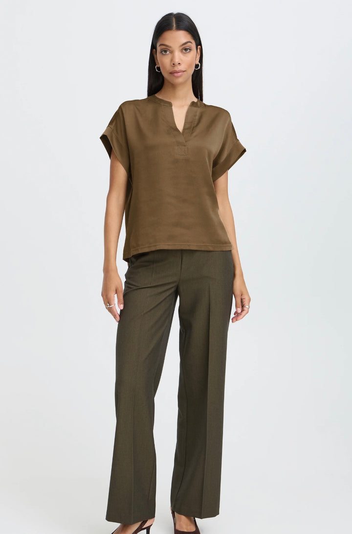 Byoung Byselita V Placket Neck Top, Sepia