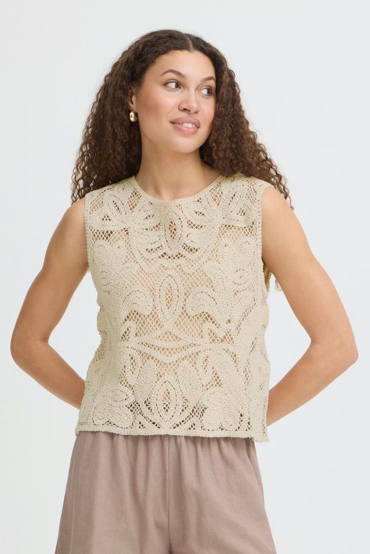 Fransa Prim SS Crochet Top, Oatmeal