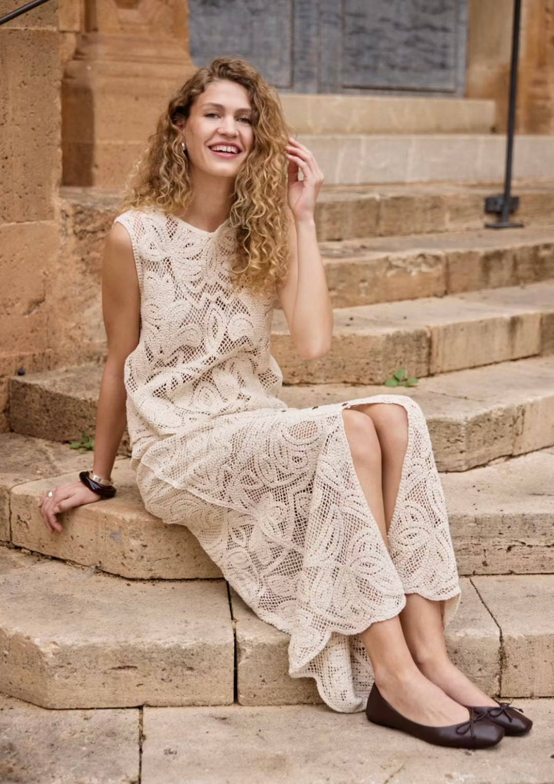 Fransa Prim Crochet Skirt, Oatmeal