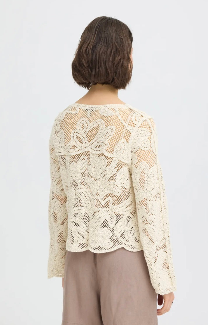 Fransa Prim Crochet Cardigan, Oatmeal