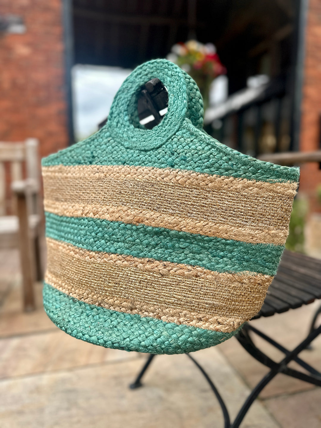 POM Turq & Gold Basket Beach Bag