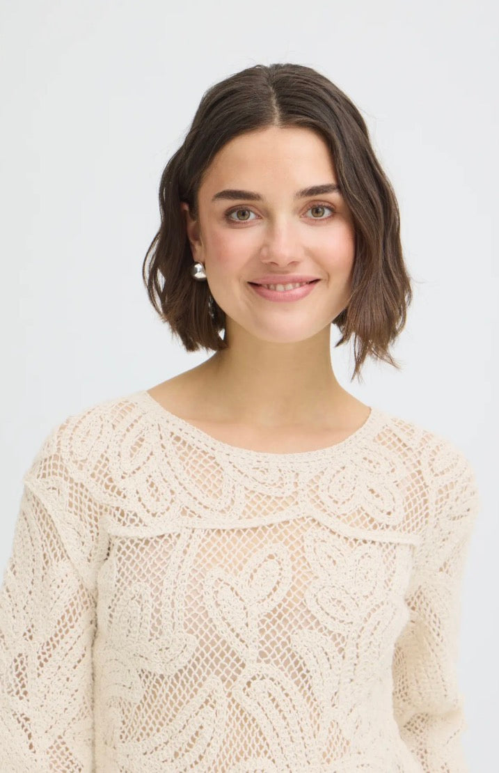 Fransa Prim Crochet Blouse, Oatmeal