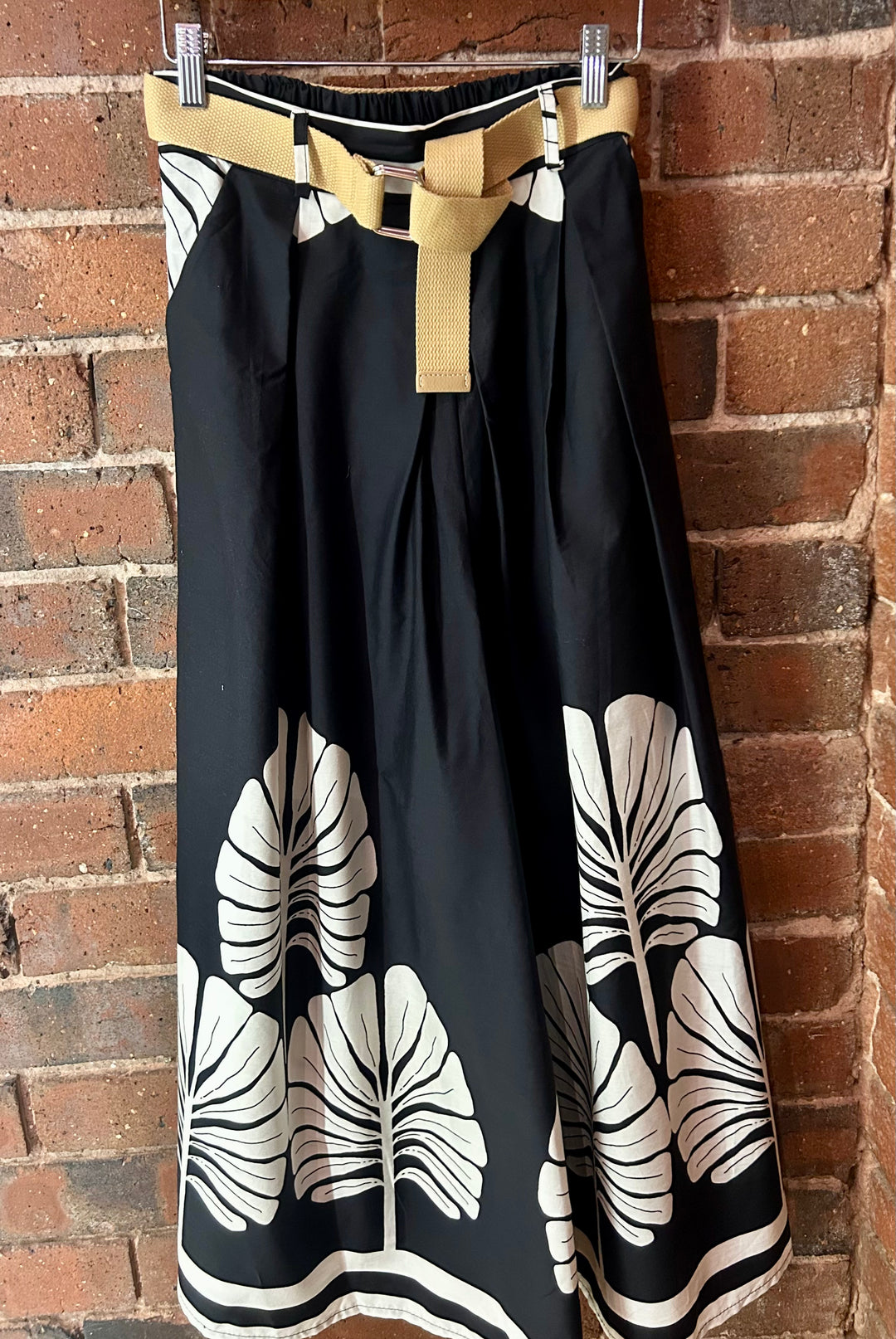 Palm Print Belted Palazzo Trousers, Black