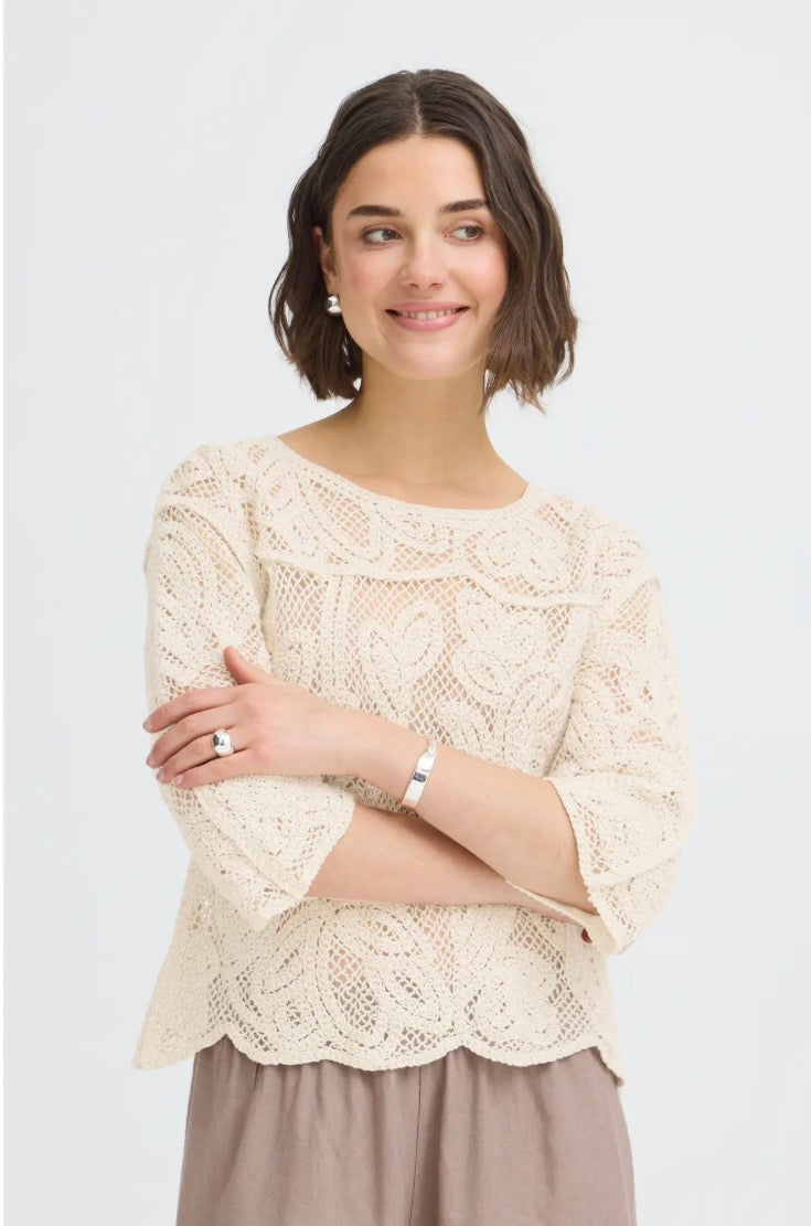 Fransa Prim Crochet Blouse, Oatmeal