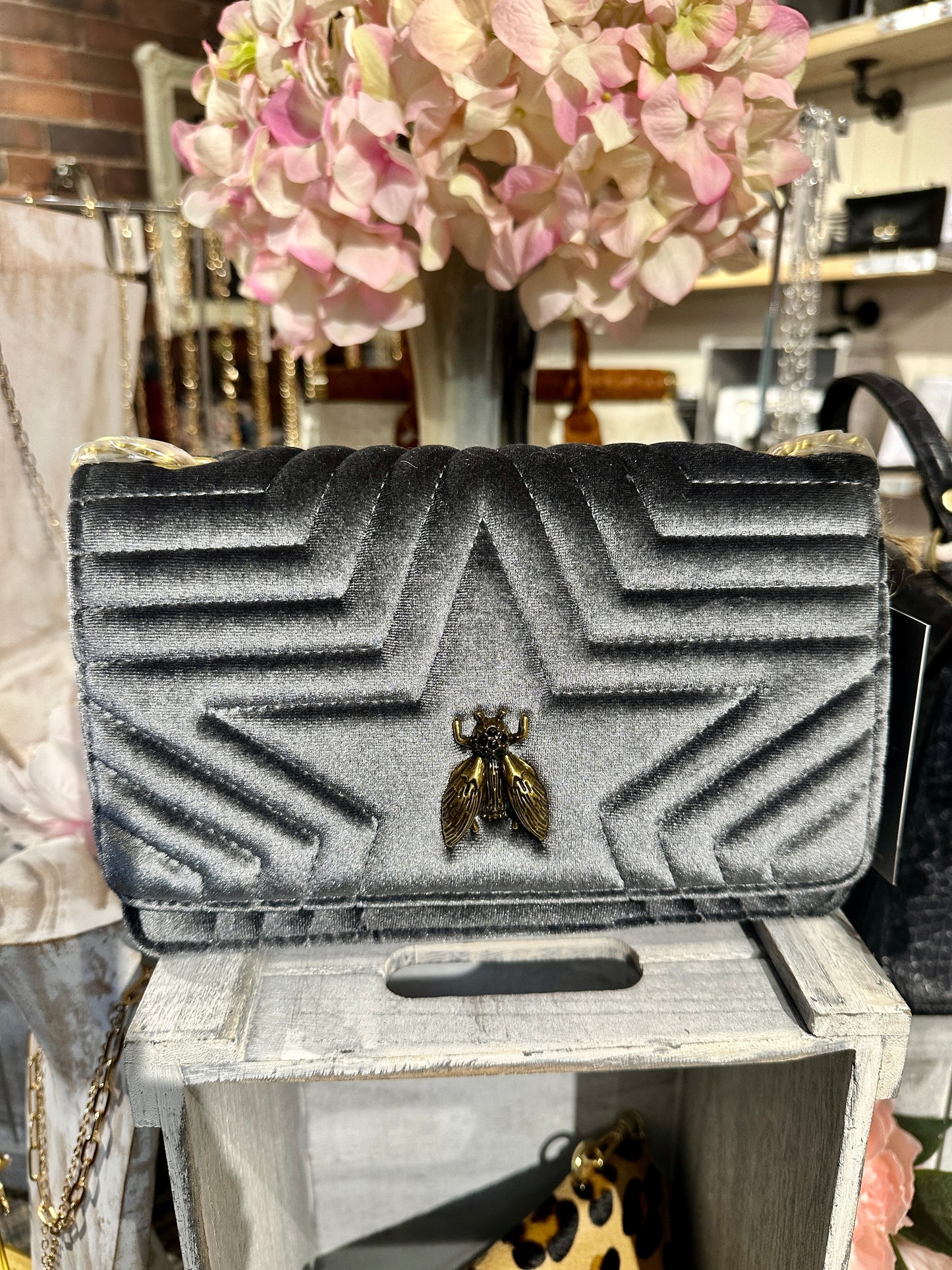 Grey Quilted Velvet Bee Bag