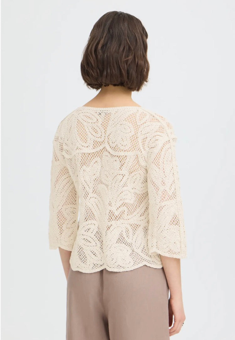Fransa Prim Crochet Blouse, Oatmeal