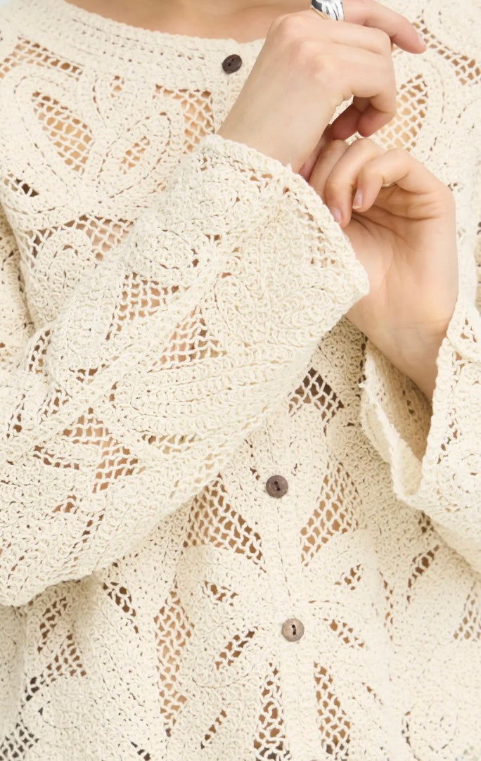 Fransa Prim Crochet Cardigan, Oatmeal