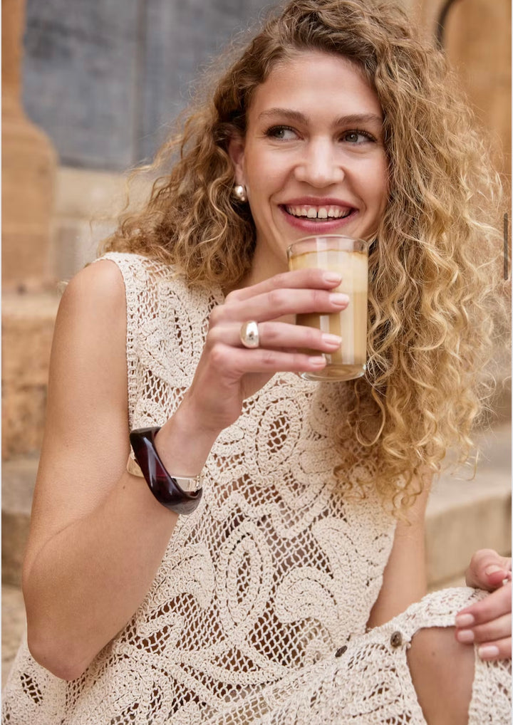 Fransa Prim SS Crochet Top, Oatmeal