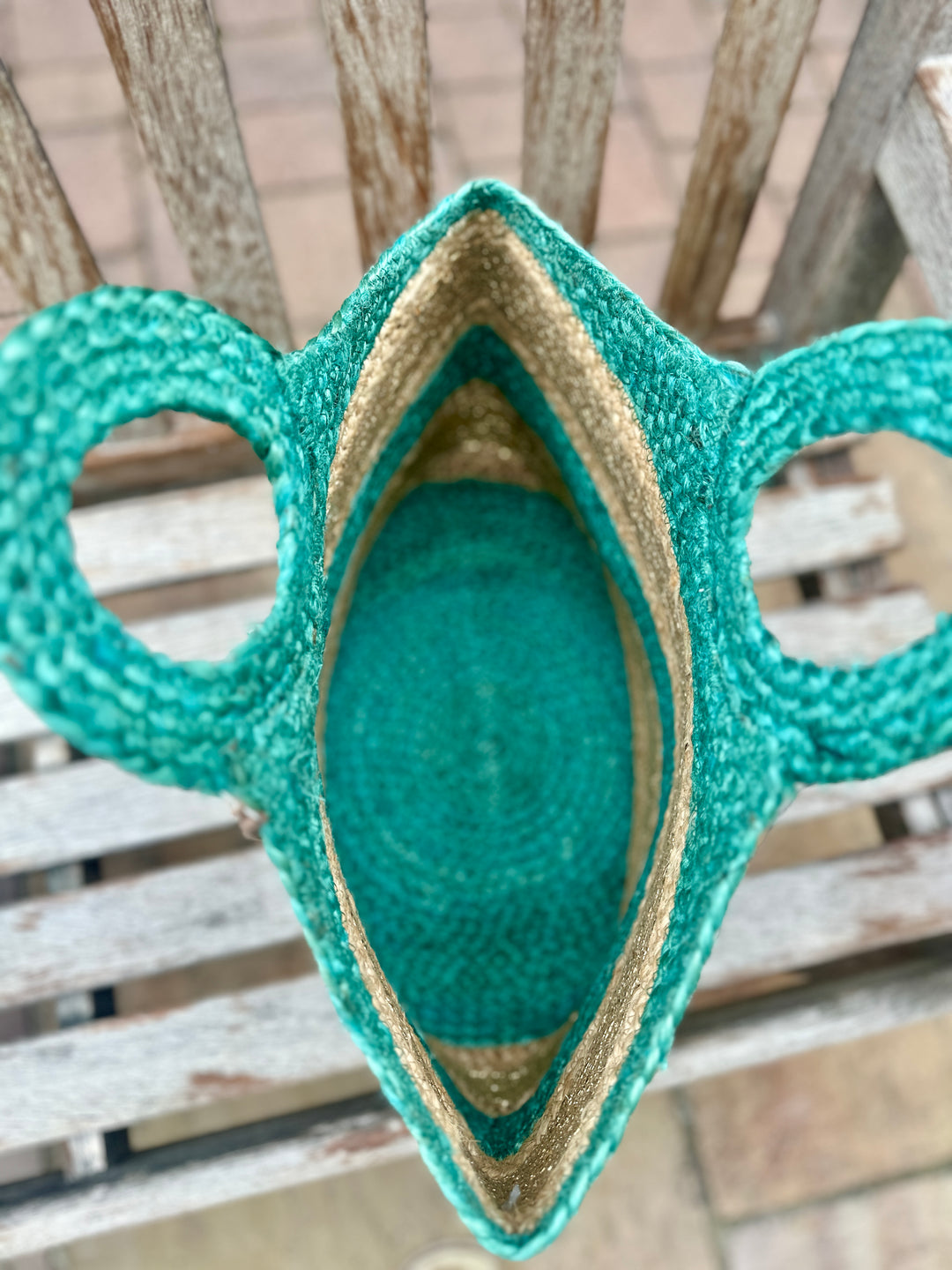 POM Turq & Gold Basket Beach Bag