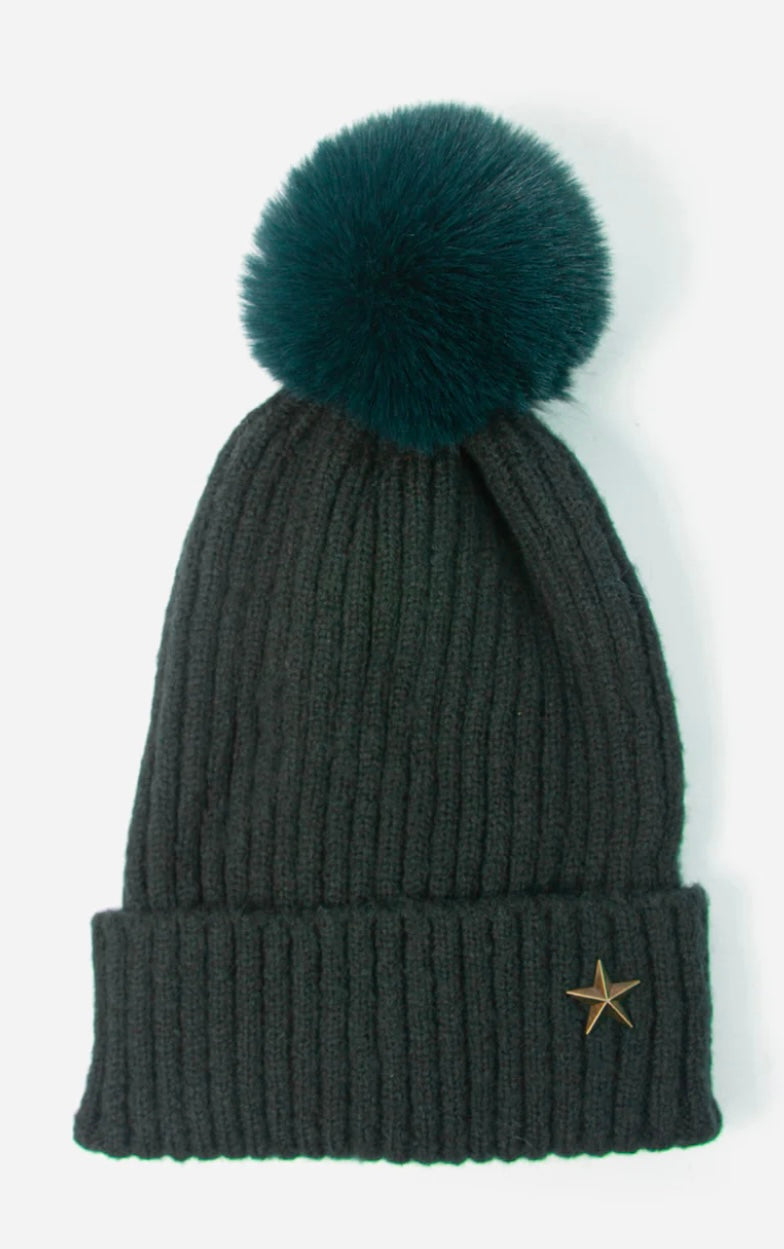 Forest Green Star Pom Pom Hat