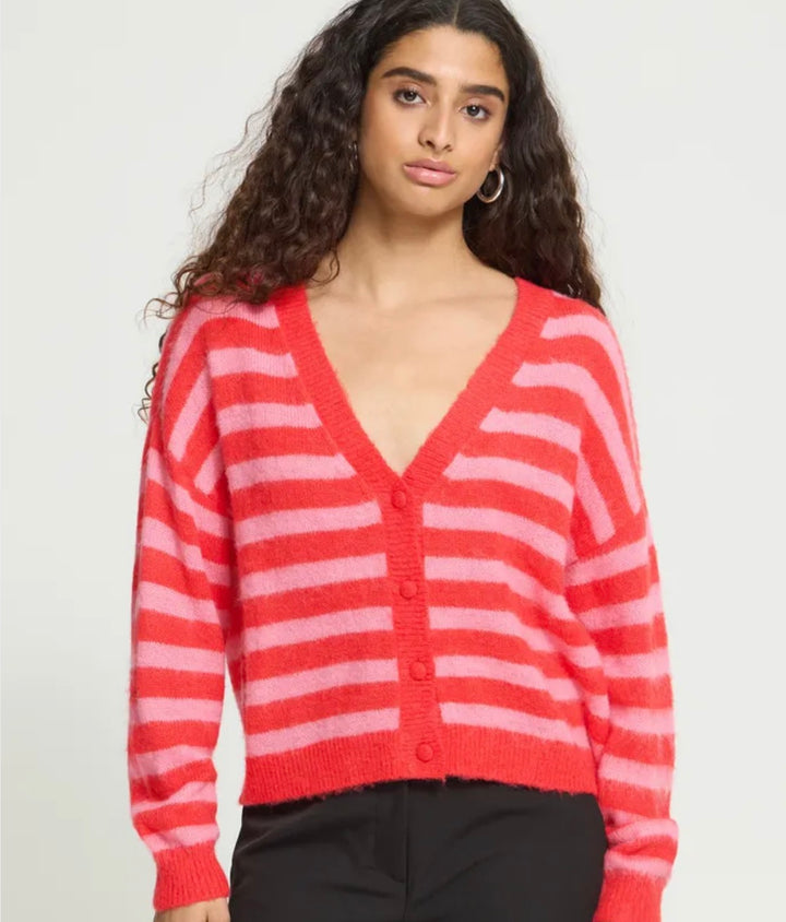 Ichi IhBlush Cardigan, Poinsettia with Pink Stripe