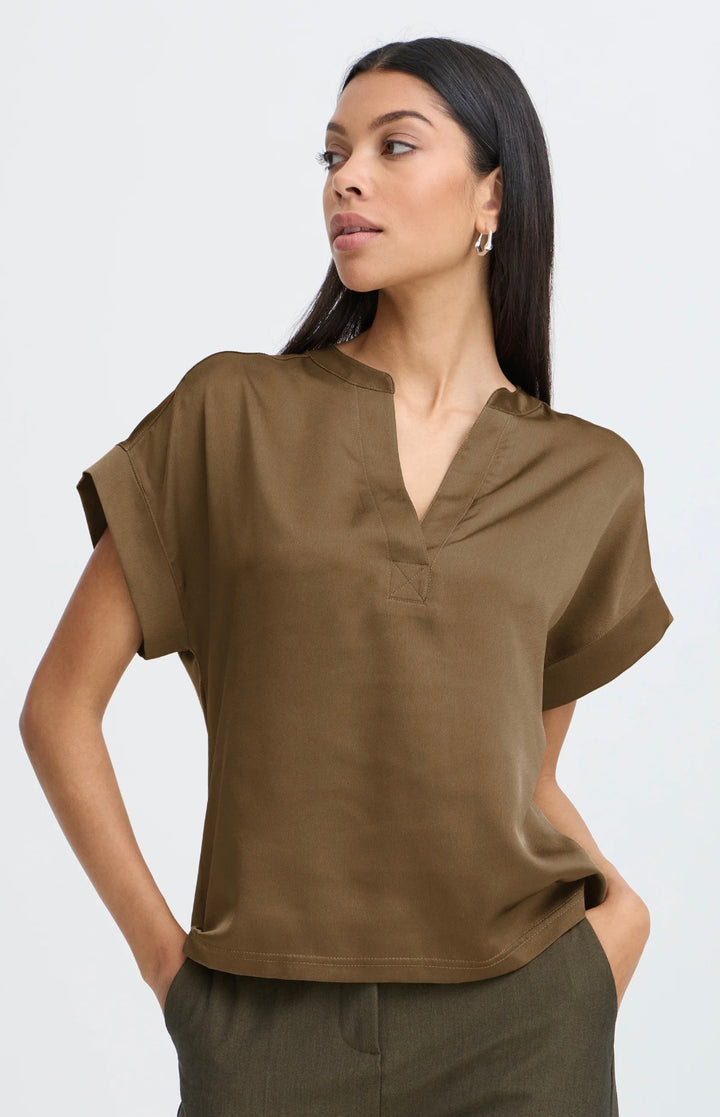 Byoung Byselita V Placket Neck Top, Sepia