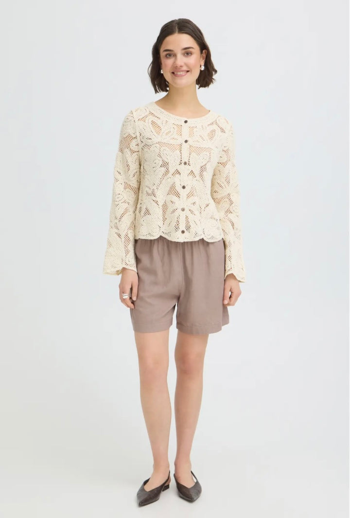 Fransa Prim Crochet Cardigan, Oatmeal