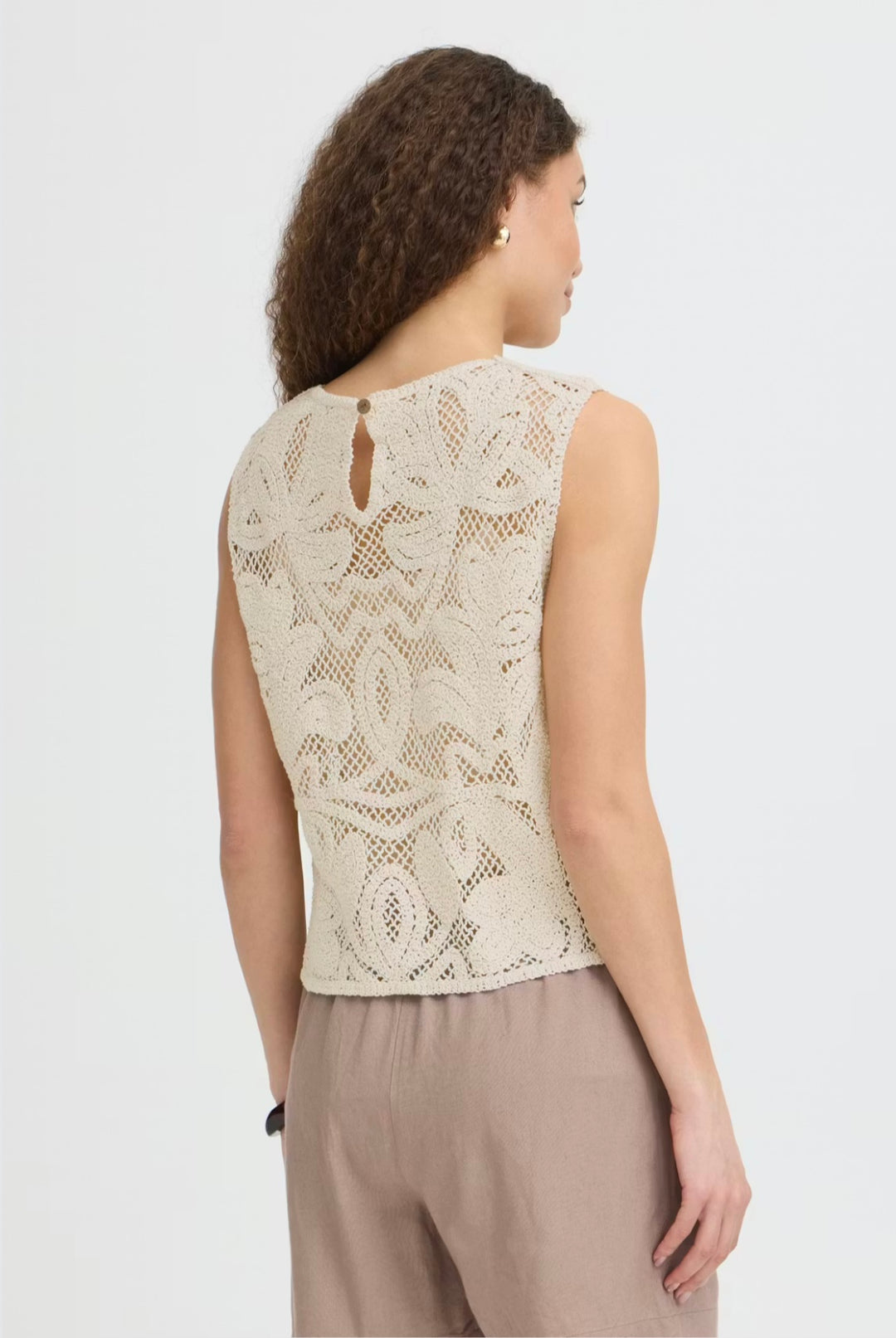 Fransa Prim SS Crochet Top, Oatmeal