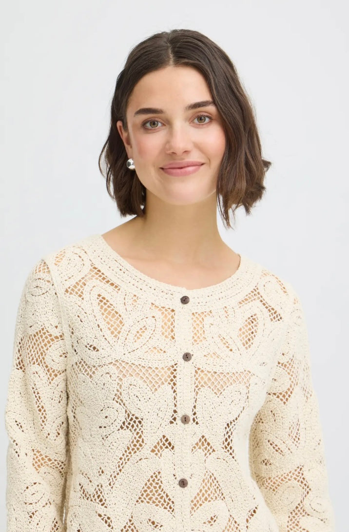 Fransa Prim Crochet Cardigan, Oatmeal