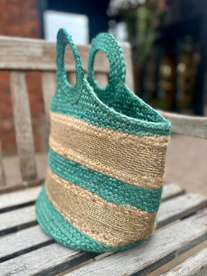 POM Turq & Gold Basket Beach Bag
