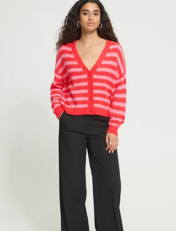 Ichi IhBlush Cardigan, Poinsettia with Pink Stripe