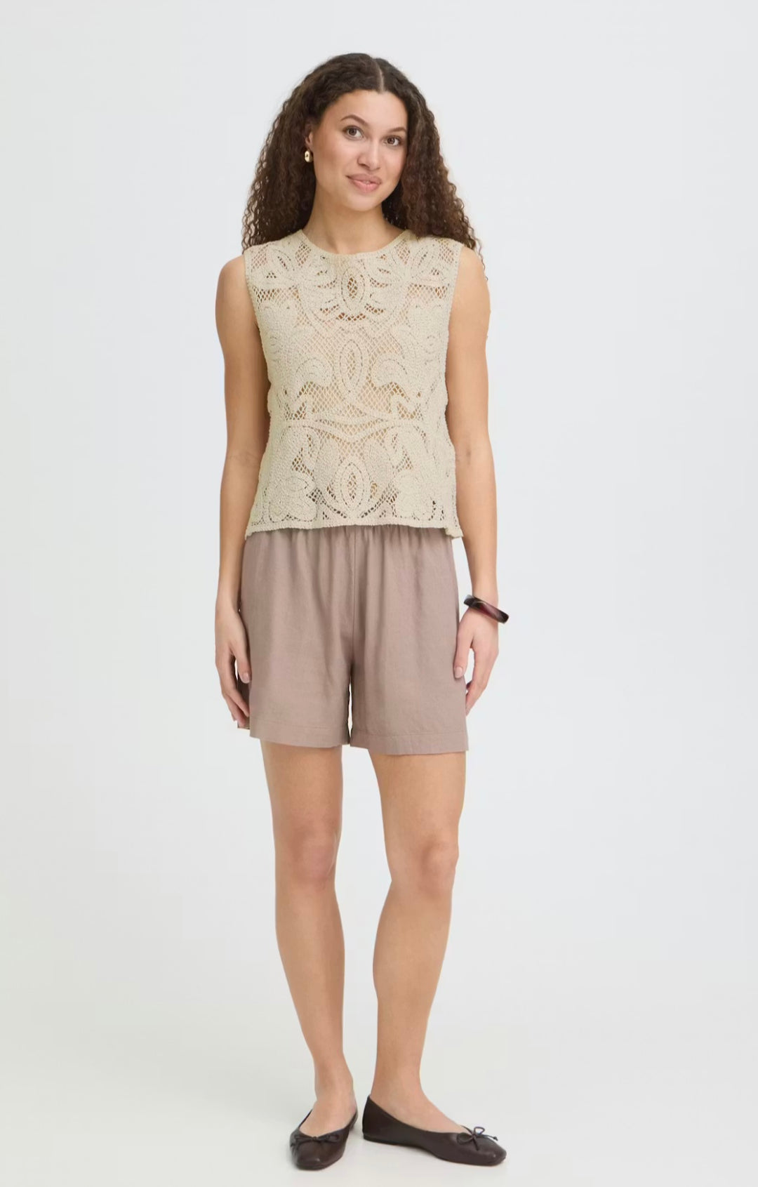 Fransa Prim SS Crochet Top, Oatmeal