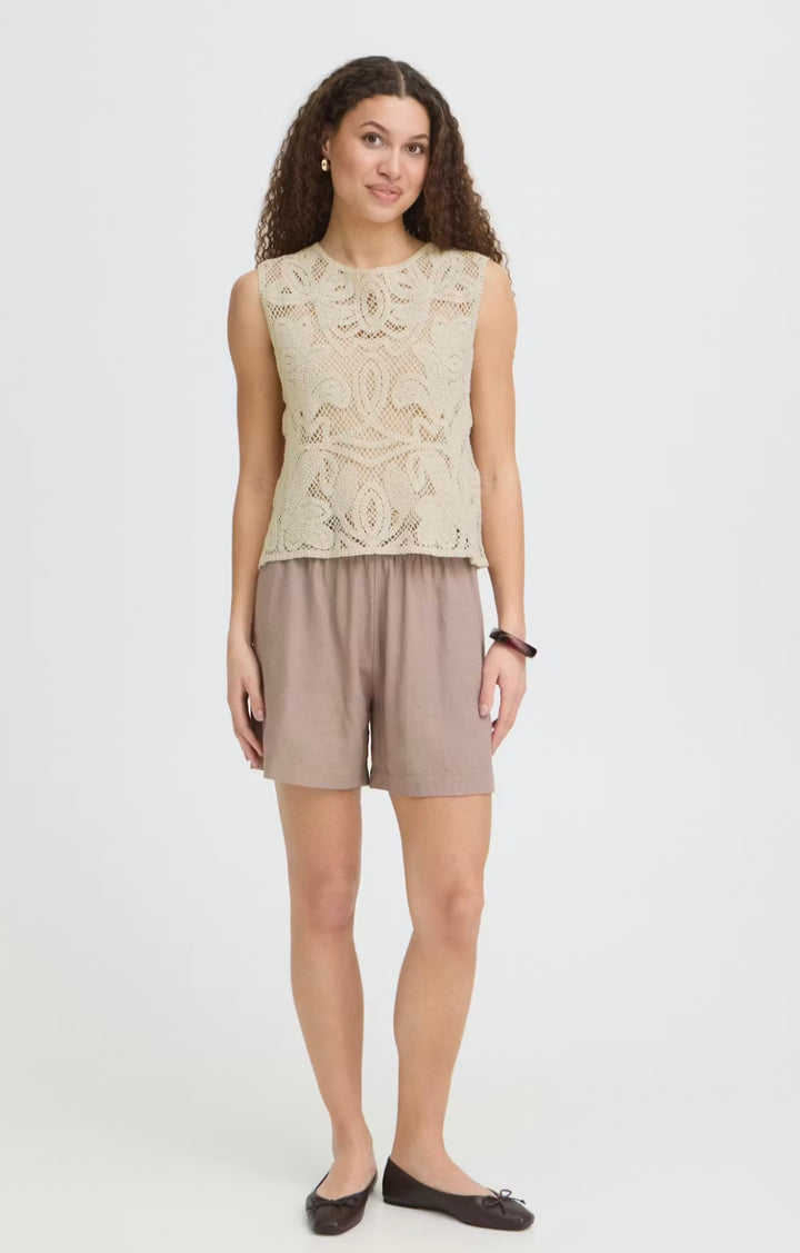 Fransa Prim SS Crochet Top, Oatmeal