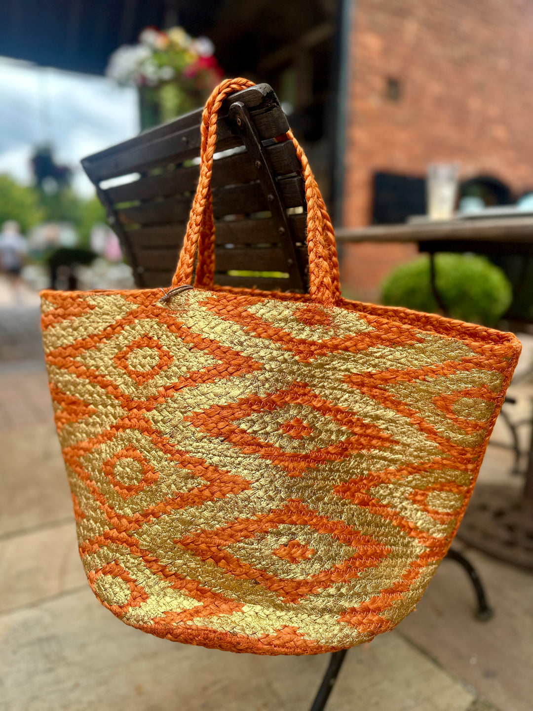 POM Orange & Gold Basket Beach Bag