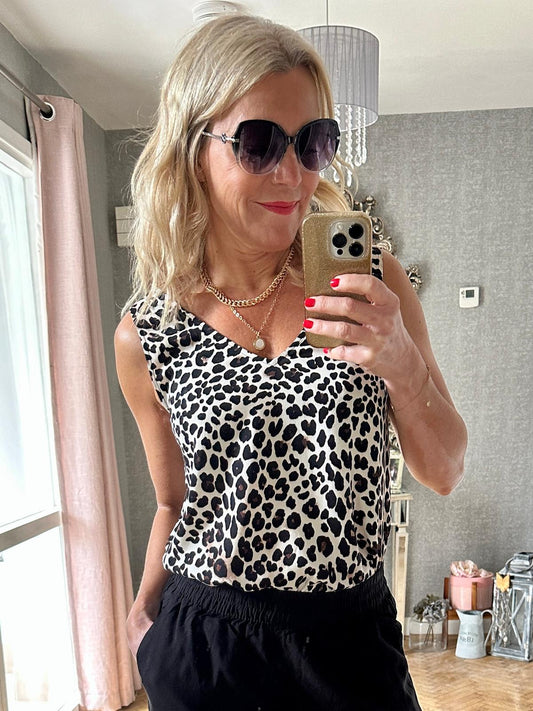 Byoung Sleeveless Top, Black Leopard Mix