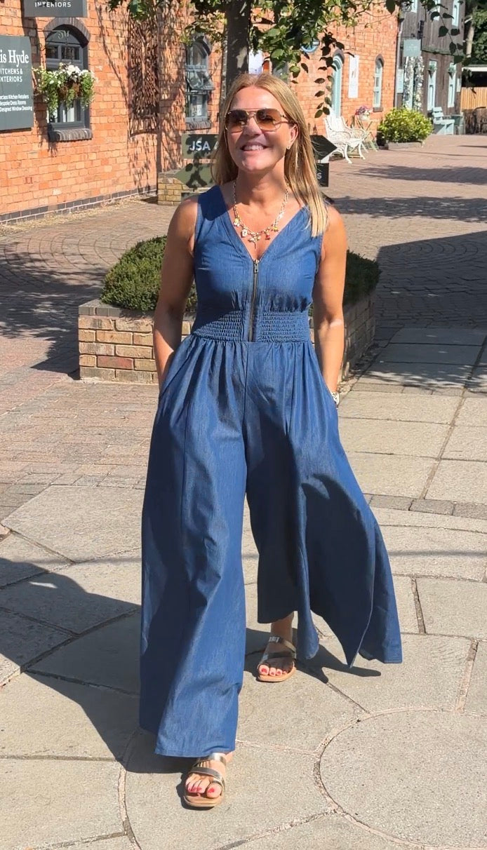 Denim Zip Front Wide Leg Jumpsuit