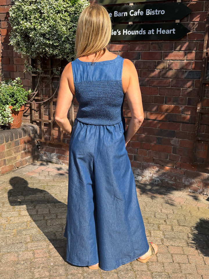 Denim Zip Front Wide Leg Jumpsuit
