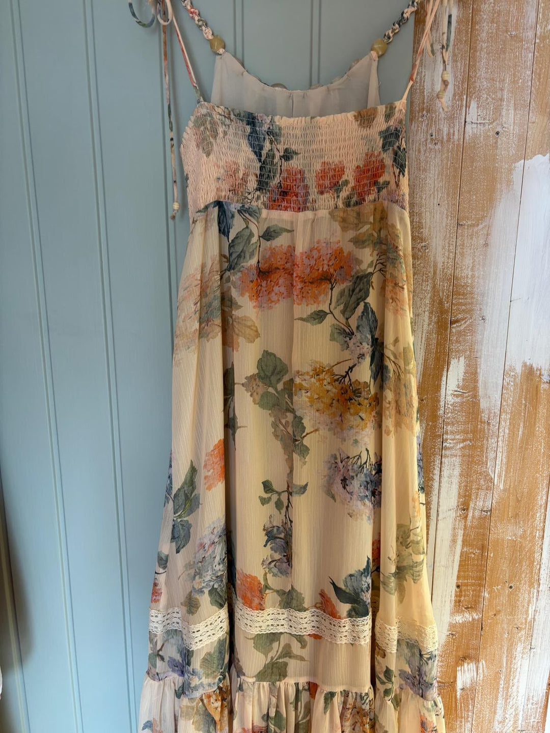 Beaded Neck Flowery Tiered Dress