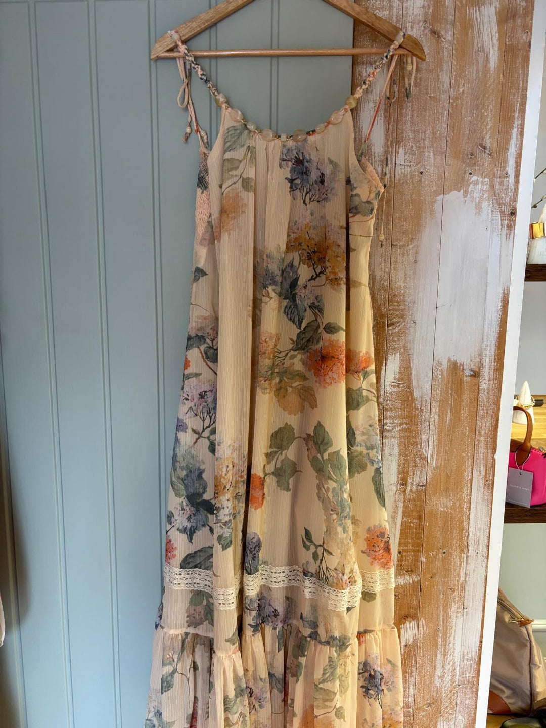 Beaded Neck Flowery Tiered Dress