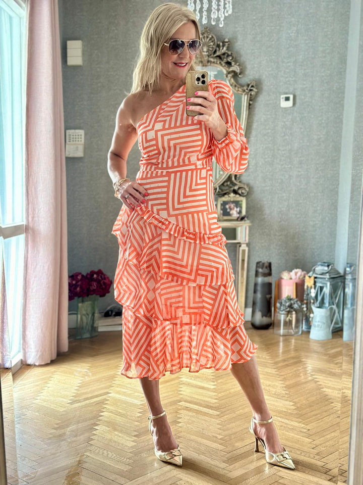 Lima Tangiers One Shoulder Assym Tiered Midi Dress