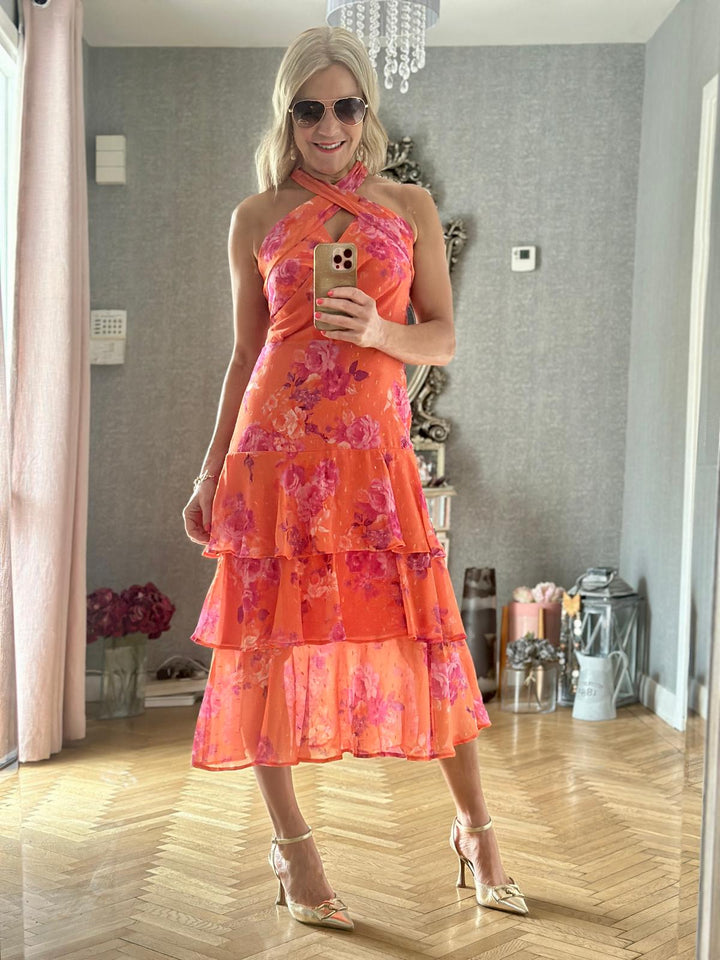 Valencia Crossover Front Halter Tiered Midi Dress