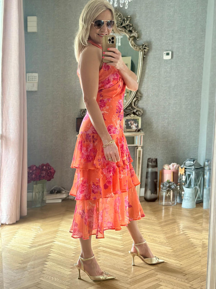 Valencia Crossover Front Halter Tiered Midi Dress