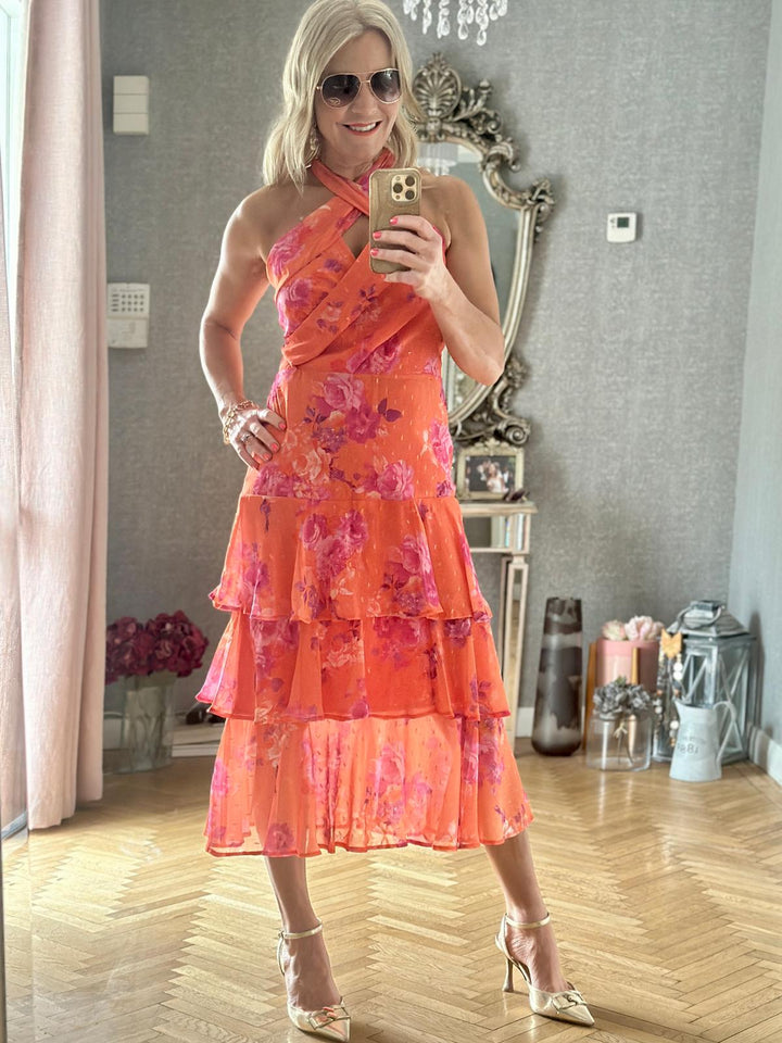 Valencia Crossover Front Halter Tiered Midi Dress