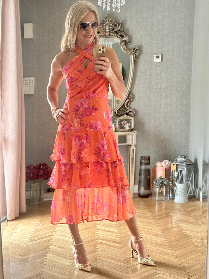 Valencia Crossover Front Halter Tiered Midi Dress